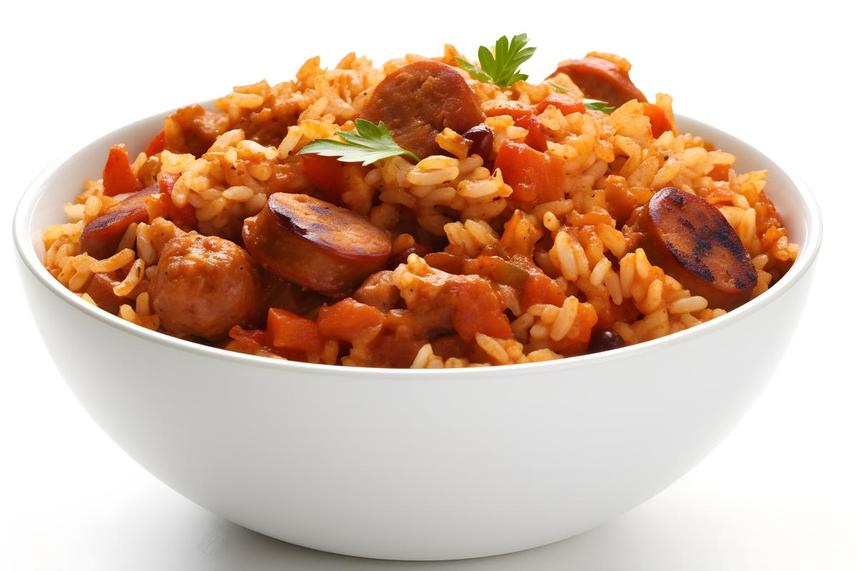 A bowl of spicy jambalaya with rice and sausage, close-up, white background, realism, hd, 35mm photograph, sharp, sharpened, 8k picture