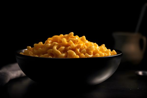A bowl of creamy macaroni and cheese, macro close-up, black background, realism, hd, 35mm photograph, sharp, sharpened, 8k