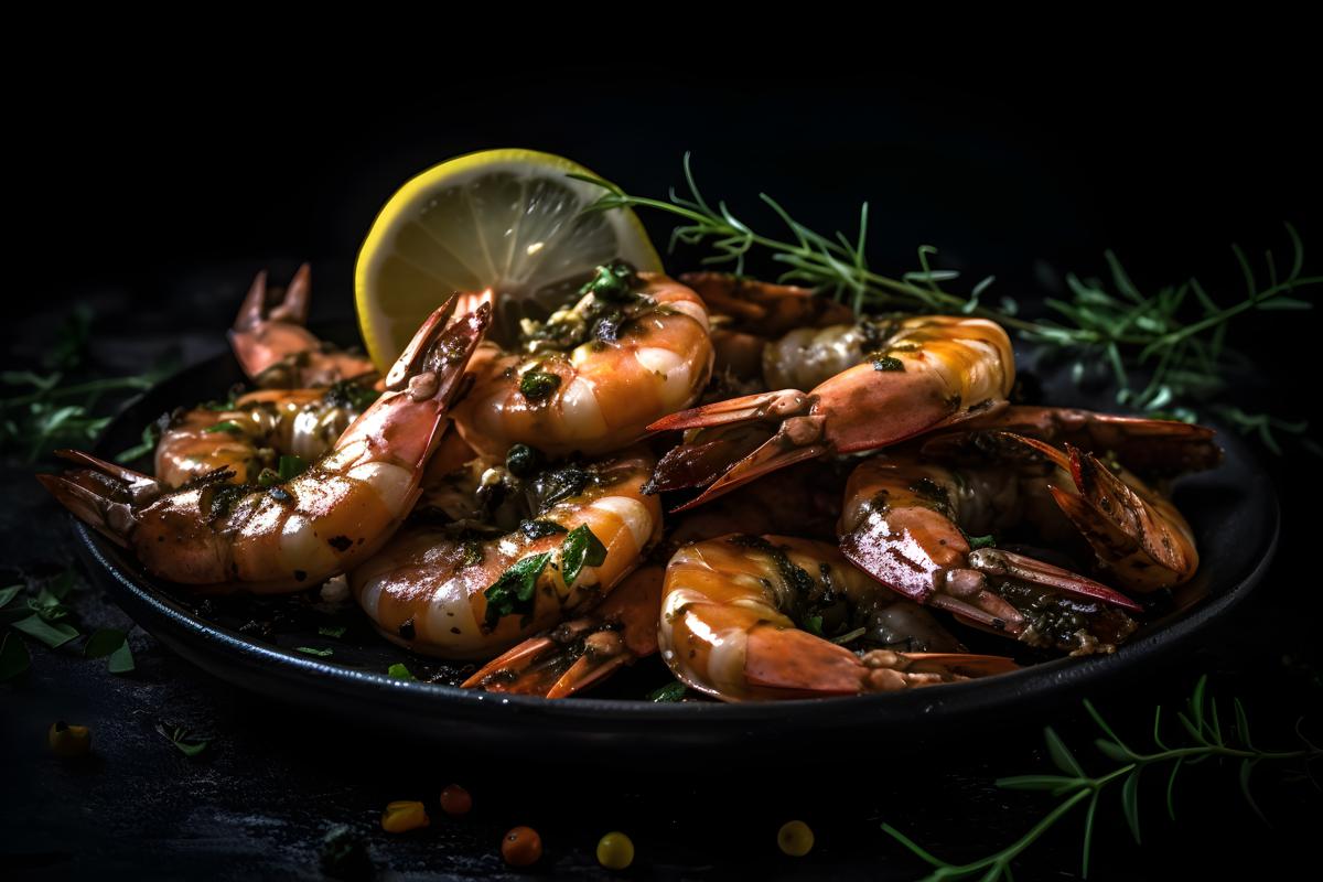 A plate of grilled shrimp with lemon and herbs, macro close-up, black background, realism, hd, 35mm photograph, sharp, sharpened, 8k picture