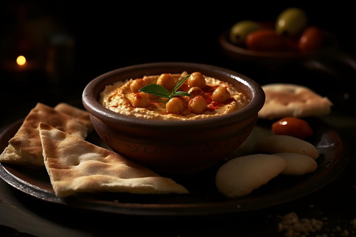 A platter of Mediterranean-style hummus with pita bread, macro close-up, black background, realism, hd, 35mm photograph, sharp, sharpened, 8k picture