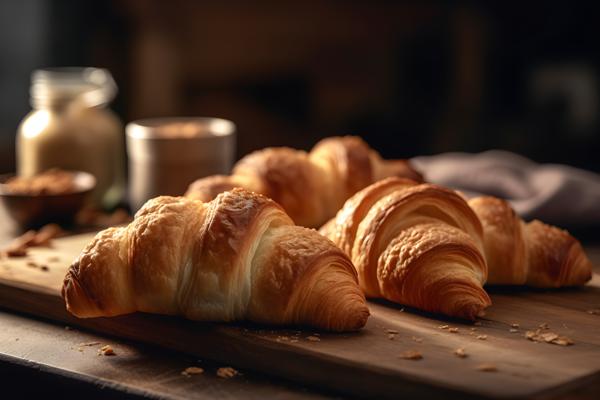 Freshly baked croissants on a wooden table, close-up, white background, realism, hd, 35mm photograph, sharp, sharpened, 8k