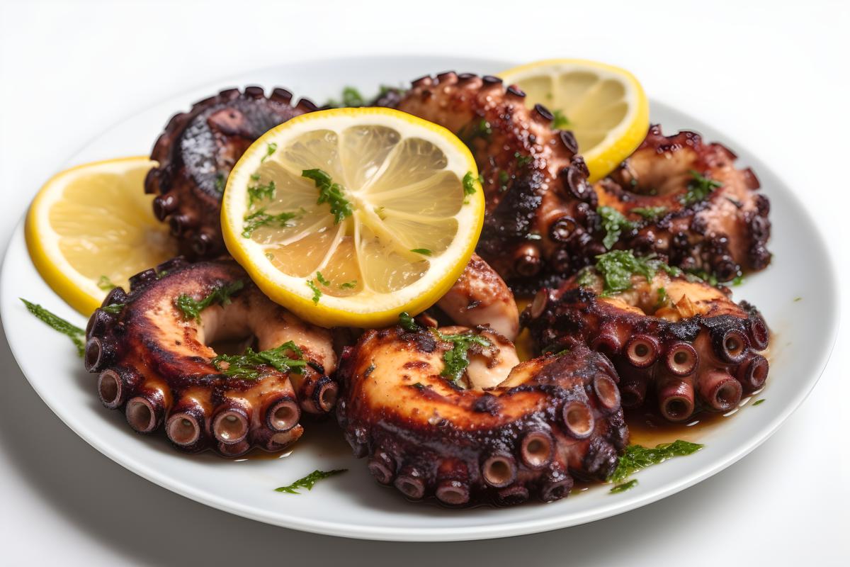 A plate of grilled octopus with lemon and garlic, close-up, white background, realism, hd, 35mm photograph, sharp, sharpened, 8k picture