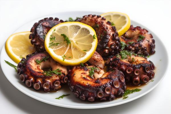 A plate of grilled octopus with lemon and garlic, close-up, white background, realism, hd, 35mm photograph, sharp, sharpened, 8k