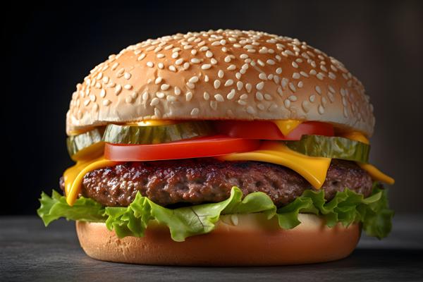 A juicy burger with lettuce and cheese on a bun, close-up, white background, realism, hd, 35mm photograph, sharp, sharpened, 8k