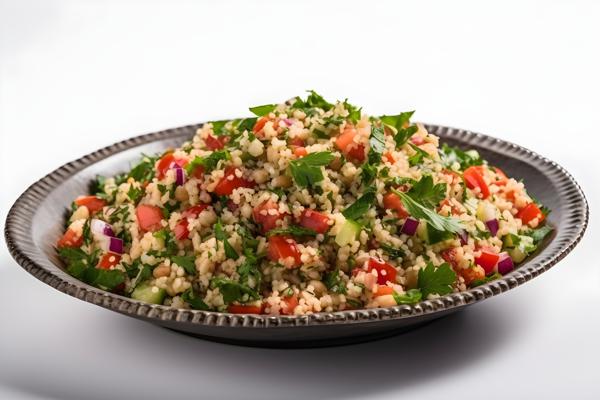 A platter of Mediterranean-style tabbouleh salad, close-up, white background, realism, hd, 35mm photograph, sharp, sharpened, 8k