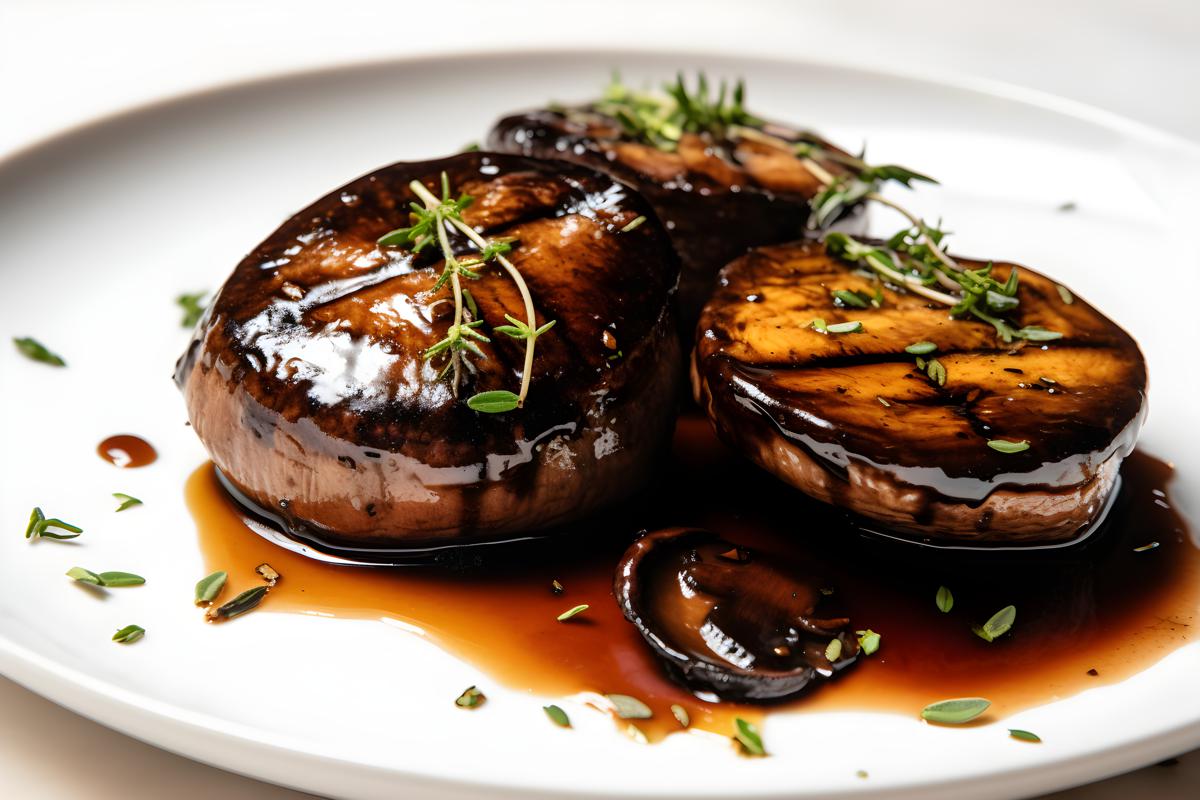 A plate of grilled portobello mushrooms with balsamic glaze, close-up, white background, realism, hd, 35mm photograph, sharp, sharpened, 8k picture