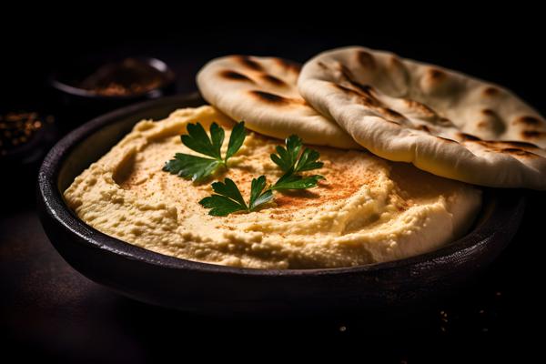 A platter of Mediterranean-style hummus with pita bread, macro close-up, black background, realism, hd, 35mm photograph, sharp, sharpened, 8k