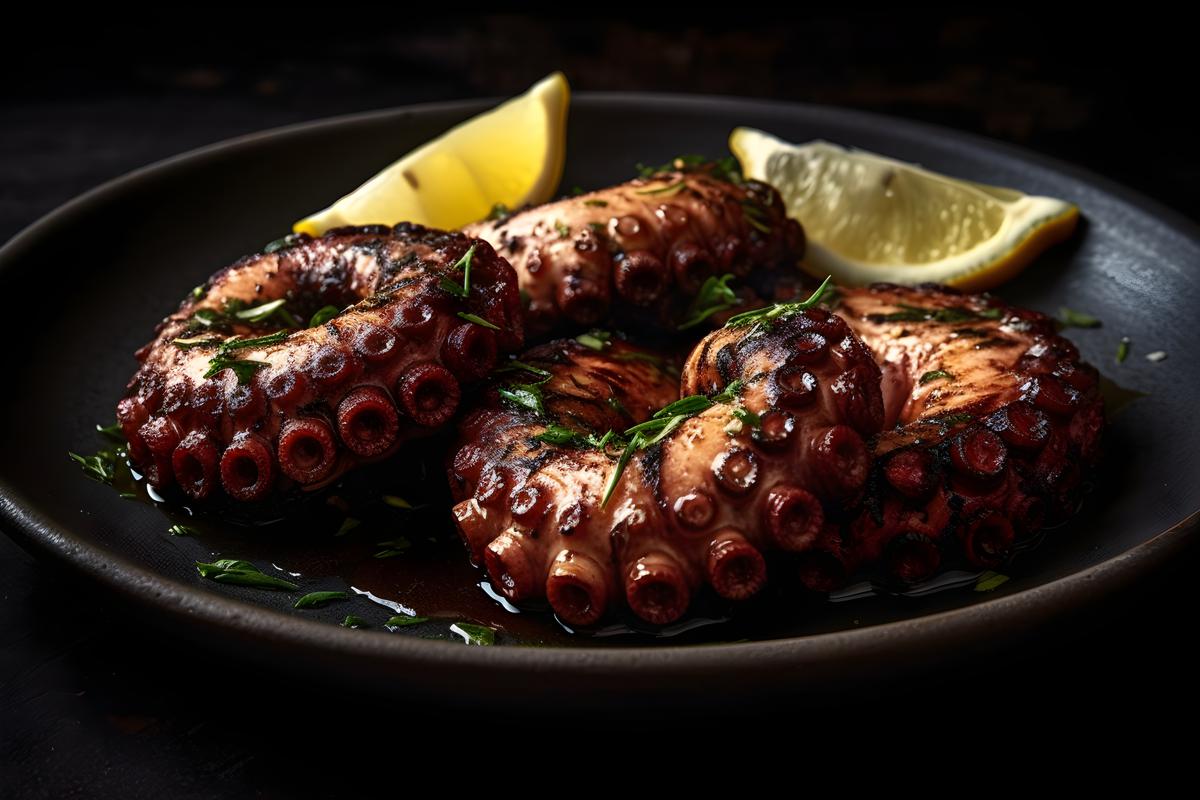 A plate of grilled octopus with lemon and garlic, macro close-up, black background, realism, hd, 35mm photograph, sharp, sharpened, 8k picture