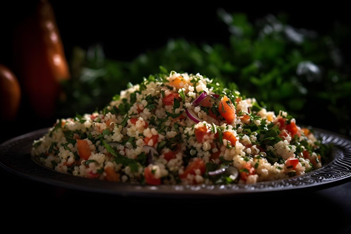 A platter of Mediterranean-style tabbouleh salad, macro close-up, black background, realism, hd, 35mm photograph, sharp, sharpened, 8k picture
