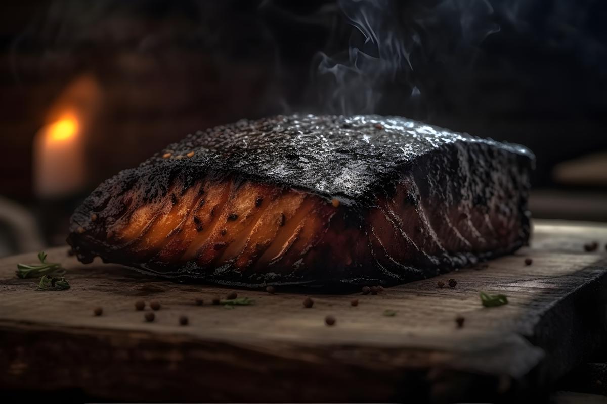 a piece of blackened salmon raw, sitting on a rustic style table realistic, realism, hd, 35mm photograph, sharp, sharpened, 8k picture