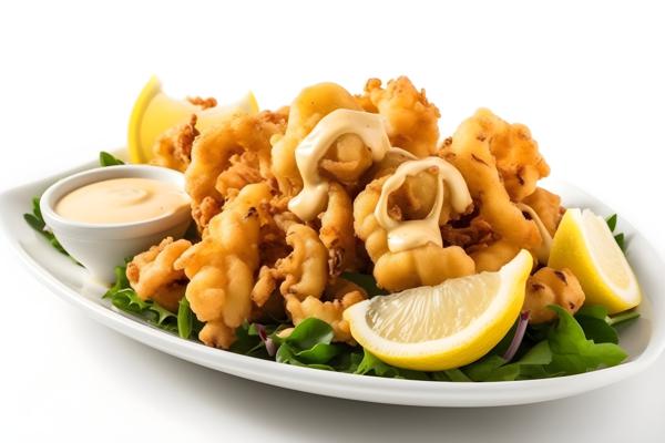 A tray of crispy fried calamari with lemon and aioli sauce, close-up, white background, realism, hd, 35mm photograph, sharp, sharpened, 8k