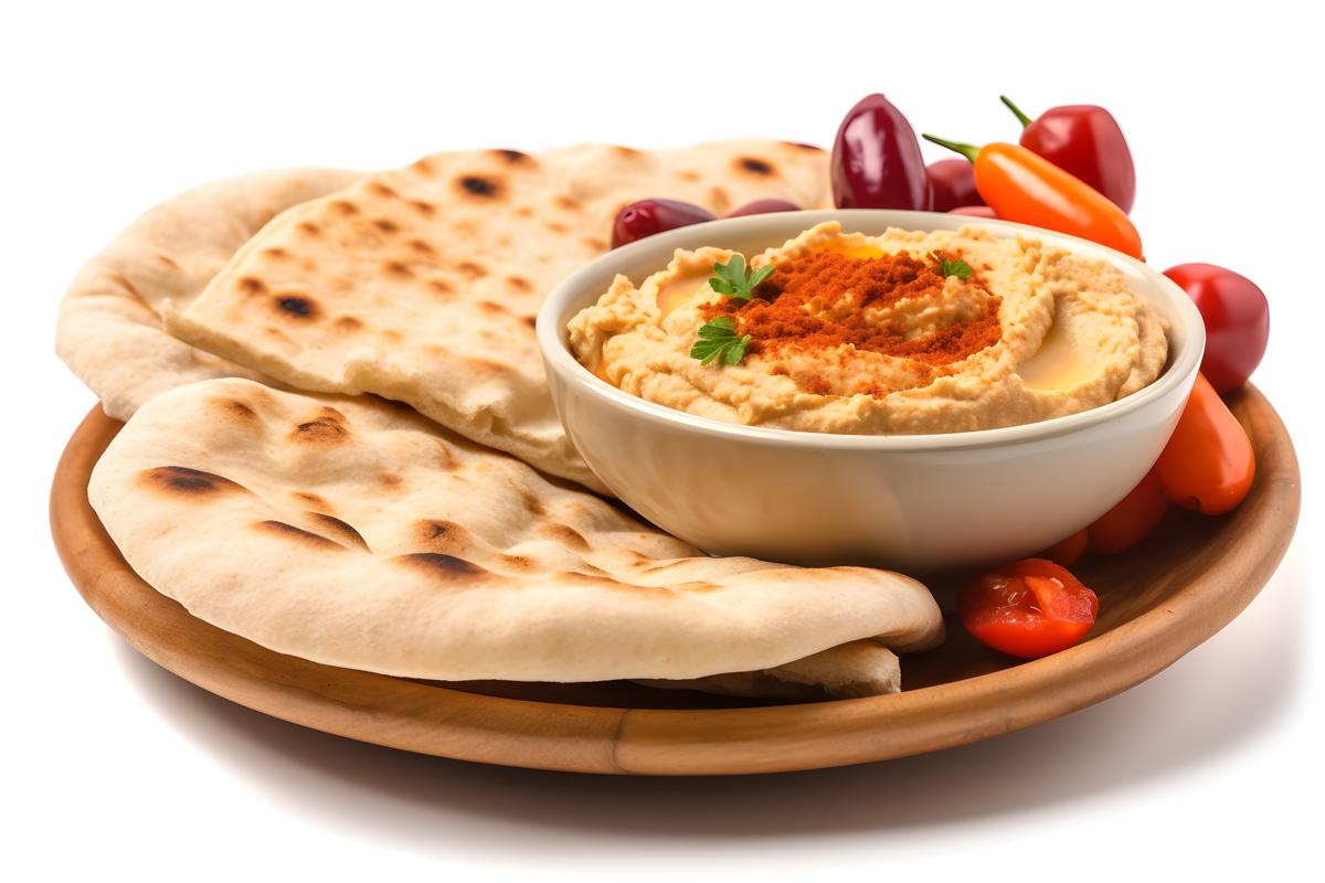 A platter of Mediterranean-style hummus with pita bread, close-up, white background, realism, hd, 35mm photograph, sharp, sharpened, 8k picture