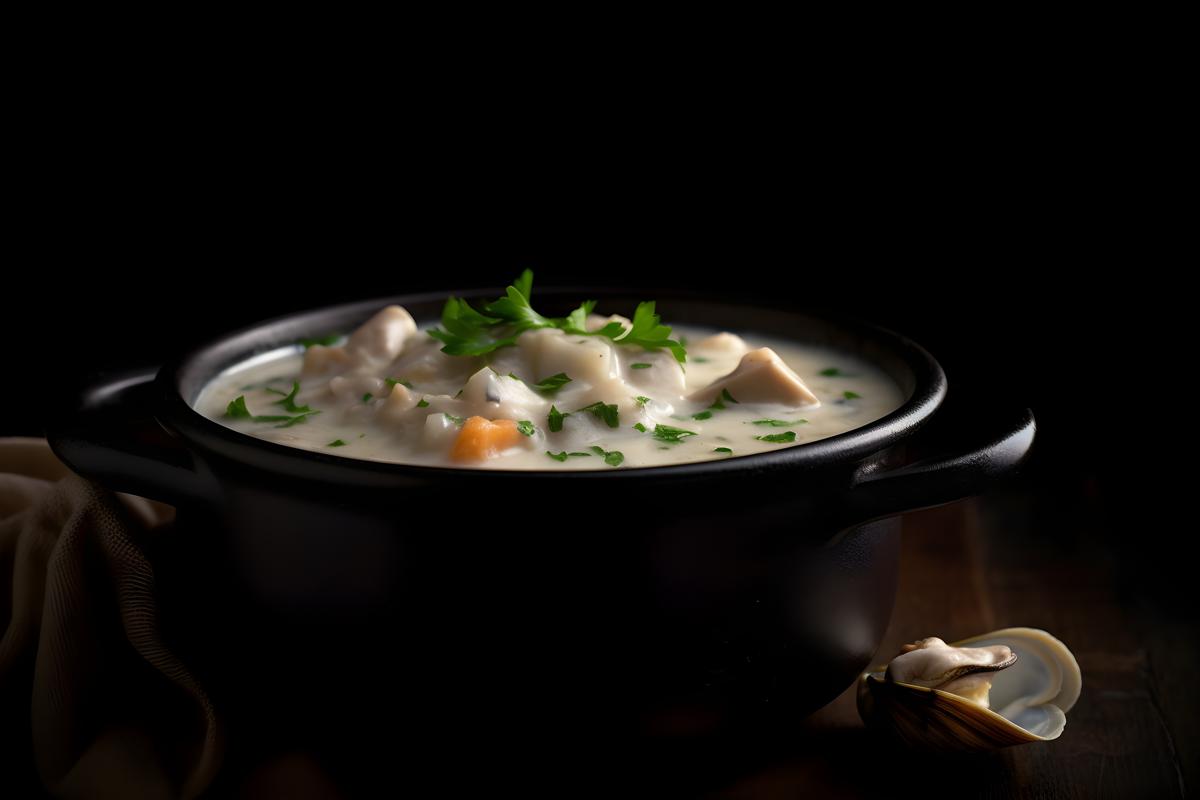 A pot of rich and creamy clam chowder, macro close-up, black background, realism, hd, 35mm photograph, sharp, sharpened, 8k picture