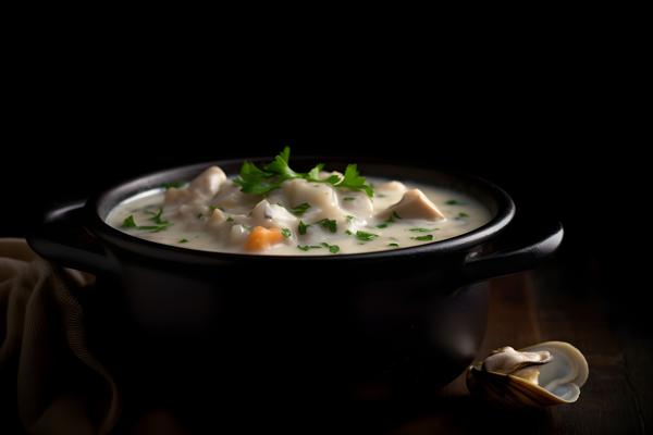 A pot of rich and creamy clam chowder, macro close-up, black background, realism, hd, 35mm photograph, sharp, sharpened, 8k