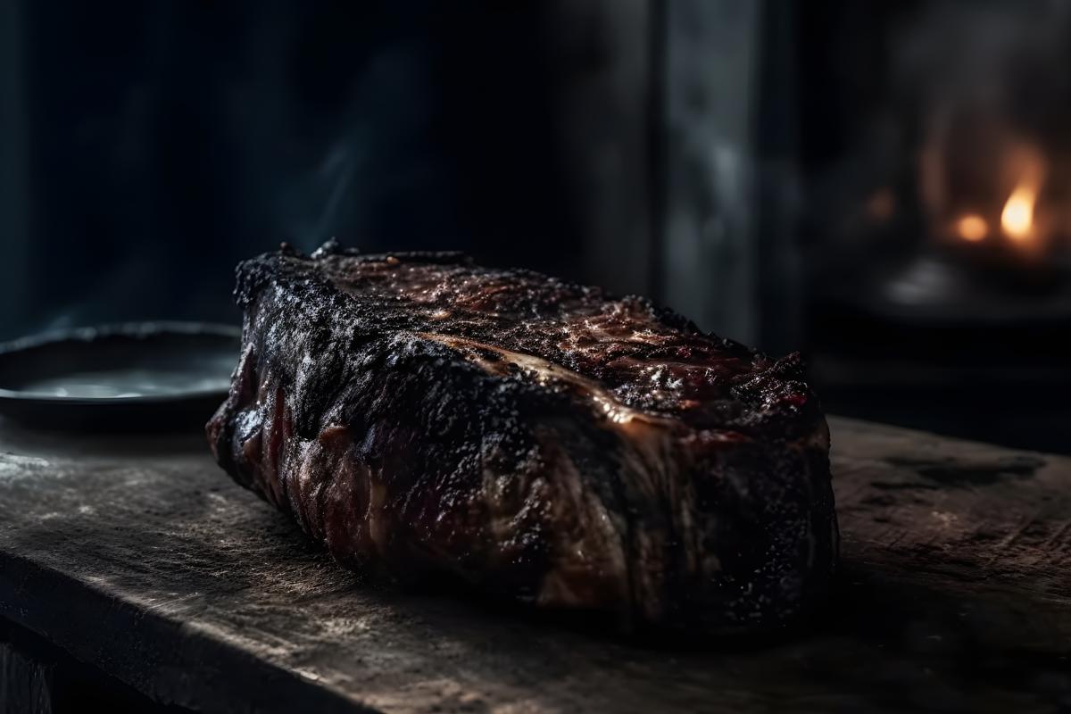 a piece of blackened rib of cow, sitting on a rustic style table realistic, realism, hd, 35mm photograph, sharp, sharpened, 8k picture