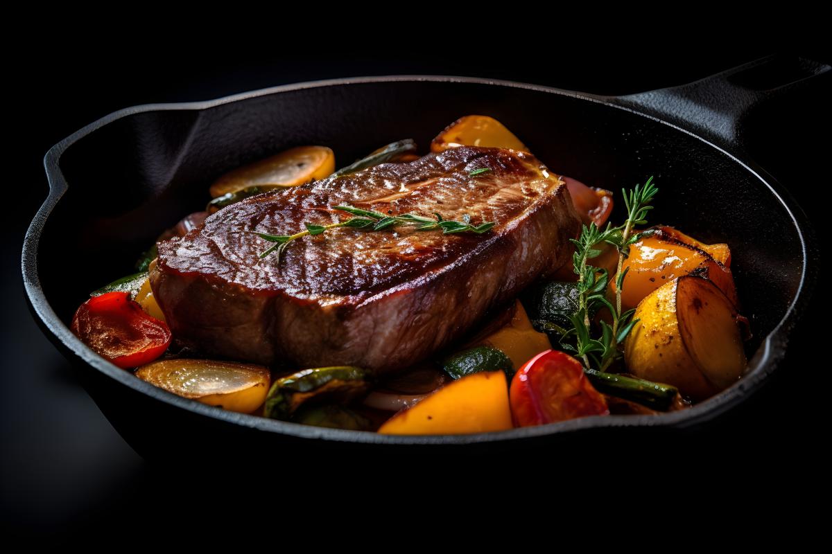 Sizzling steak on a cast-iron skillet with vegetables, close-up, white background, realism, hd, 35mm photograph, sharp, sharpened, 8k picture