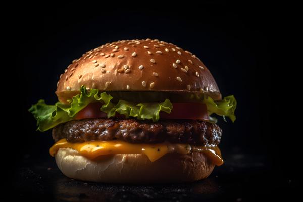 A juicy burger with lettuce and cheese on a bun, macro close-up, black background, realism, hd, 35mm photograph, sharp, sharpened, 8k