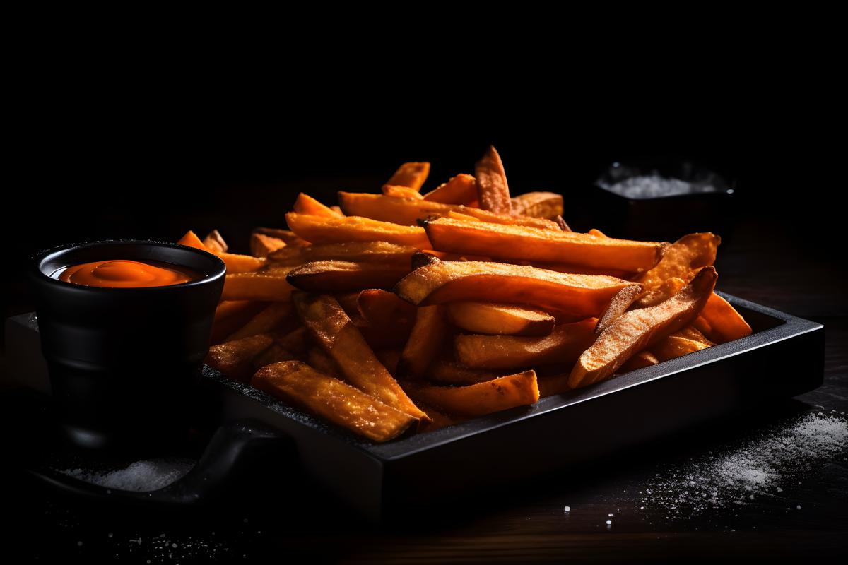 A tray of crispy sweet potato fries with dipping sauce, macro close-up, black background, realism, hd, 35mm photograph, sharp, sharpened, 8k picture