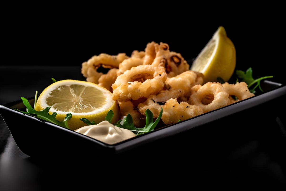 A tray of crispy fried calamari with lemon and aioli sauce, macro close-up, black background, realism, hd, 35mm photograph, sharp, sharpened, 8k picture
