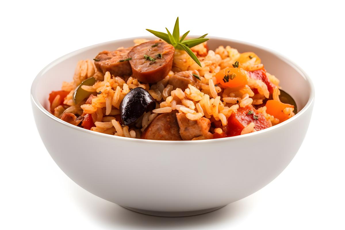 A bowl of spicy jambalaya with rice and sausage, close-up, white background, realism, hd, 35mm photograph, sharp, sharpened, 8k picture