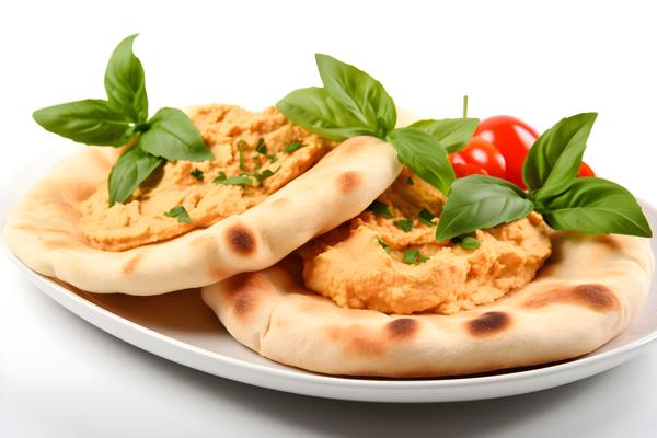 A platter of Mediterranean-style hummus with pita bread, close-up, white background, realism, hd, 35mm photograph, sharp, sharpened, 8k