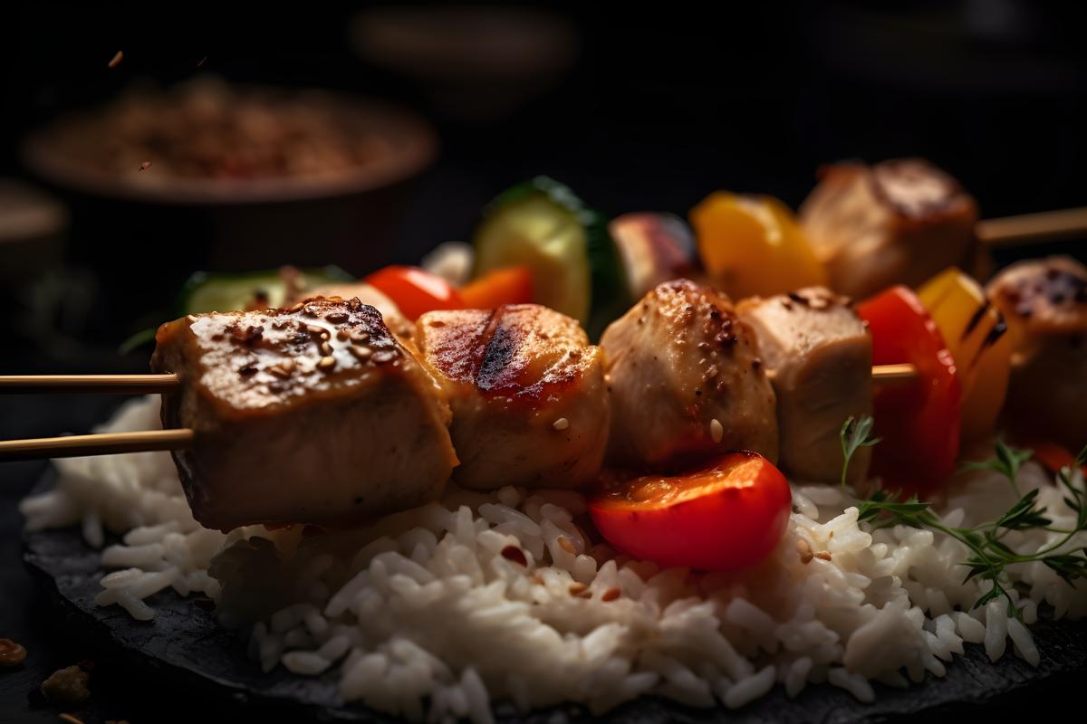 Grilled chicken skewers with vegetables and rice, macro close-up, black background, realism, hd, 35mm photograph, sharp, sharpened, 8k picture