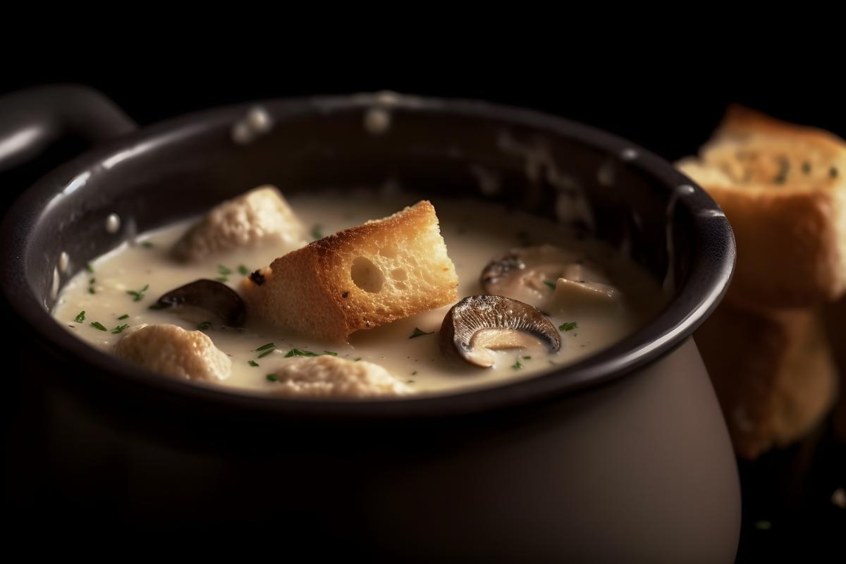 A pot of creamy mushroom soup with croutons, macro close-up, black background, realism, hd, 35mm photograph, sharp, sharpened, 8k picture