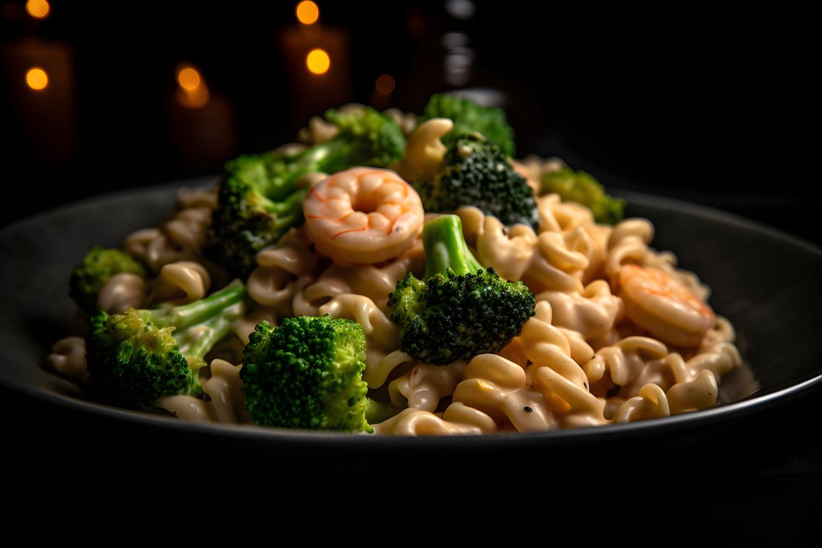 A plate of creamy pasta with shrimp and broccoli, macro close-up, black background, realism, hd, 35mm photograph, sharp, sharpened, 8k picture