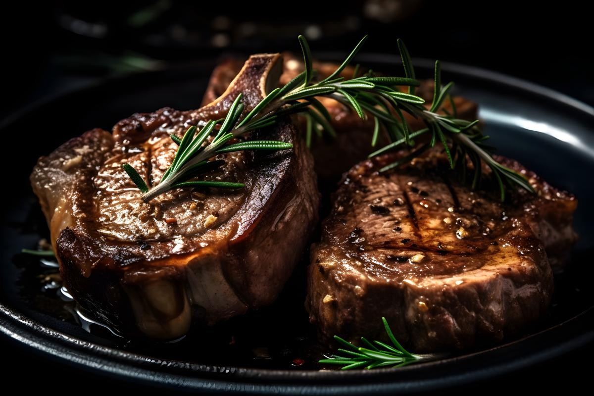 A plate of grilled lamb chops with rosemary and garlic, macro close-up, black background, realism, hd, 35mm photograph, sharp, sharpened, 8k picture