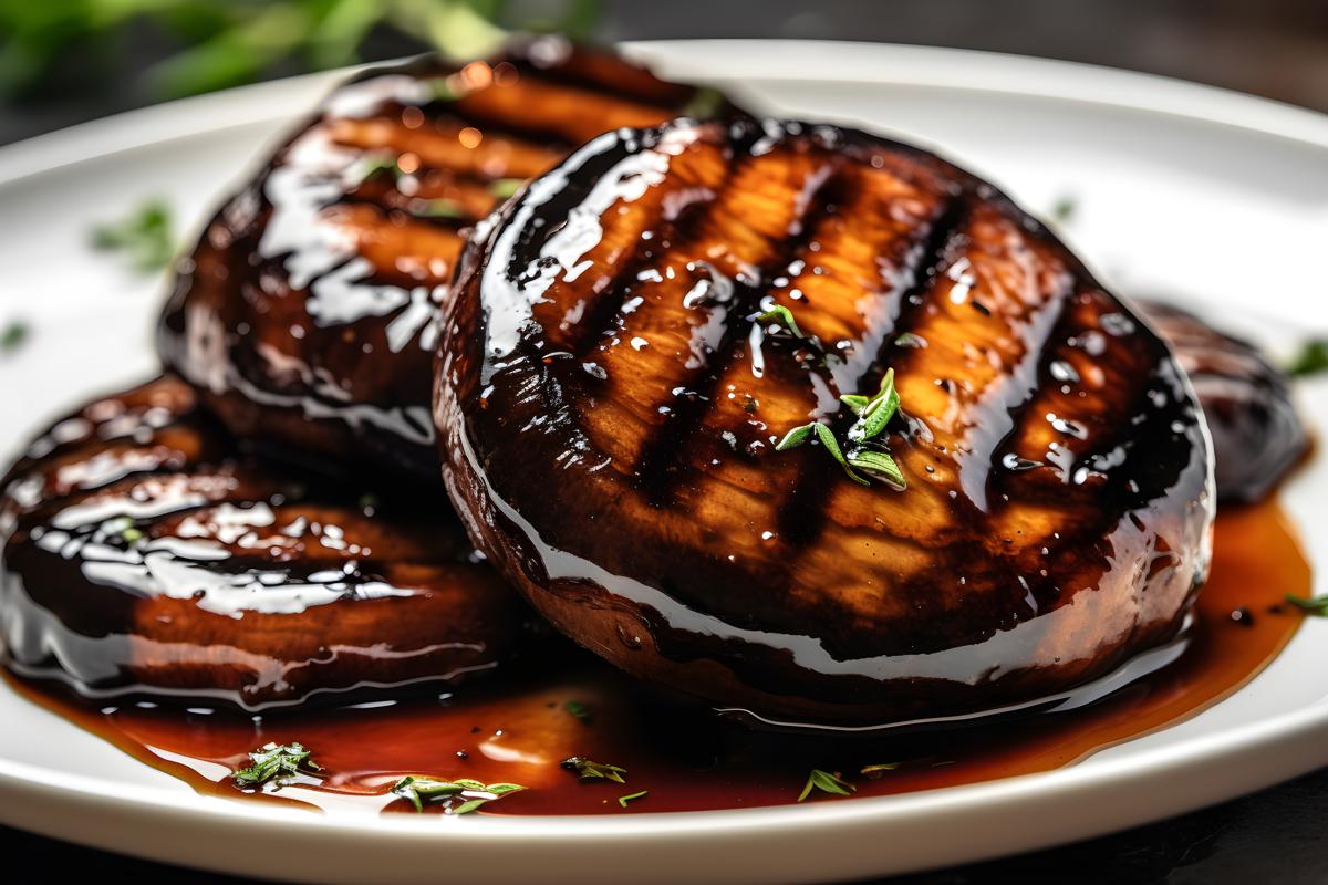 A plate of grilled portobello mushrooms with balsamic glaze, close-up, white background, realism, hd, 35mm photograph, sharp, sharpened, 8k picture