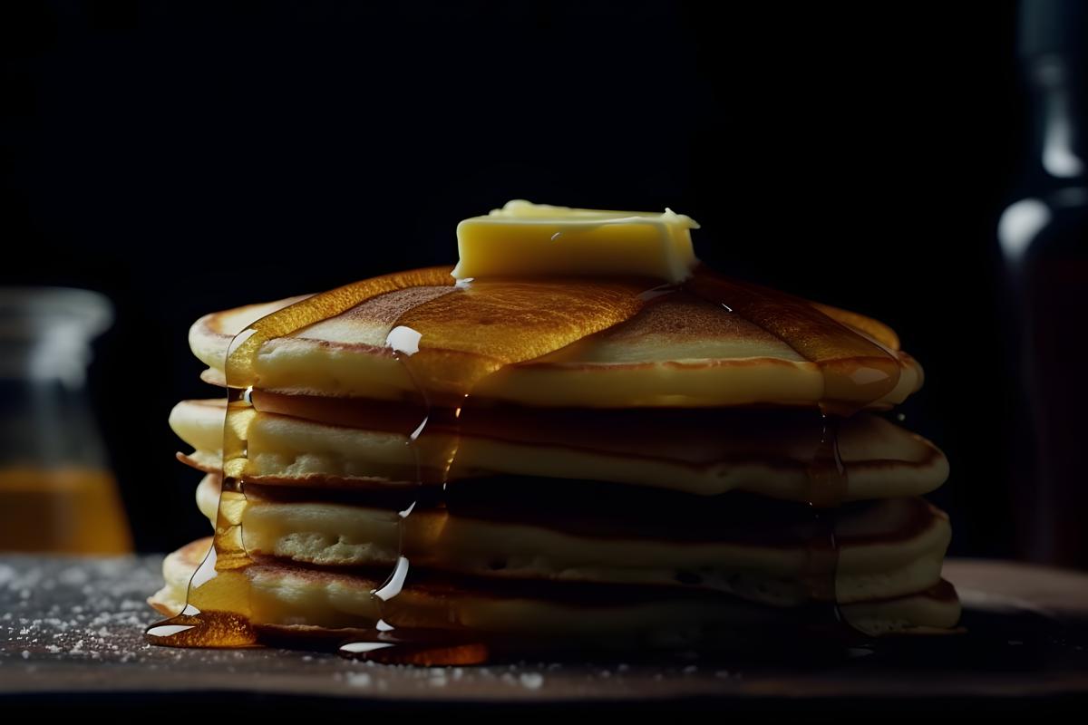 A stack of fluffy pancakes with maple syrup and butter, macro close-up, black background, realism, hd, 35mm photograph, sharp, sharpened, 8k picture