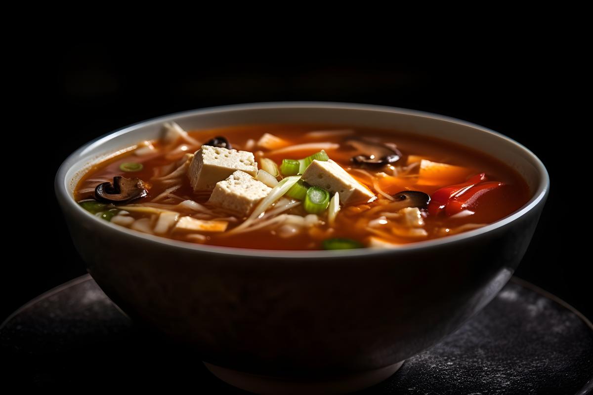 A bowl of hot and sour soup with tofu and vegetables, macro close-up, black background, realism, hd, 35mm photograph, sharp, sharpened, 8k picture