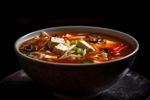 A bowl of hot and sour soup with tofu and vegetables, macro close-up, black background, realism, hd, 35mm photograph, sharp, sharpened, 8k