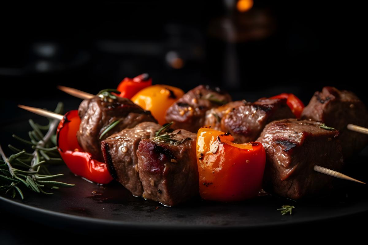 A plate of grilled beef kebabs with vegetables, macro close-up, black background, realism, hd, 35mm photograph, sharp, sharpened, 8k picture