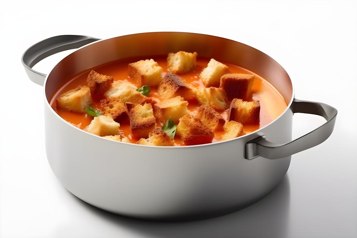 A pot of creamy tomato soup with croutons, close-up, white background, realism, hd, 35mm photograph, sharp, sharpened, 8k picture