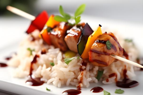 Grilled chicken skewers with vegetables and rice, close-up, white background, realism, hd, 35mm photograph, sharp, sharpened, 8k