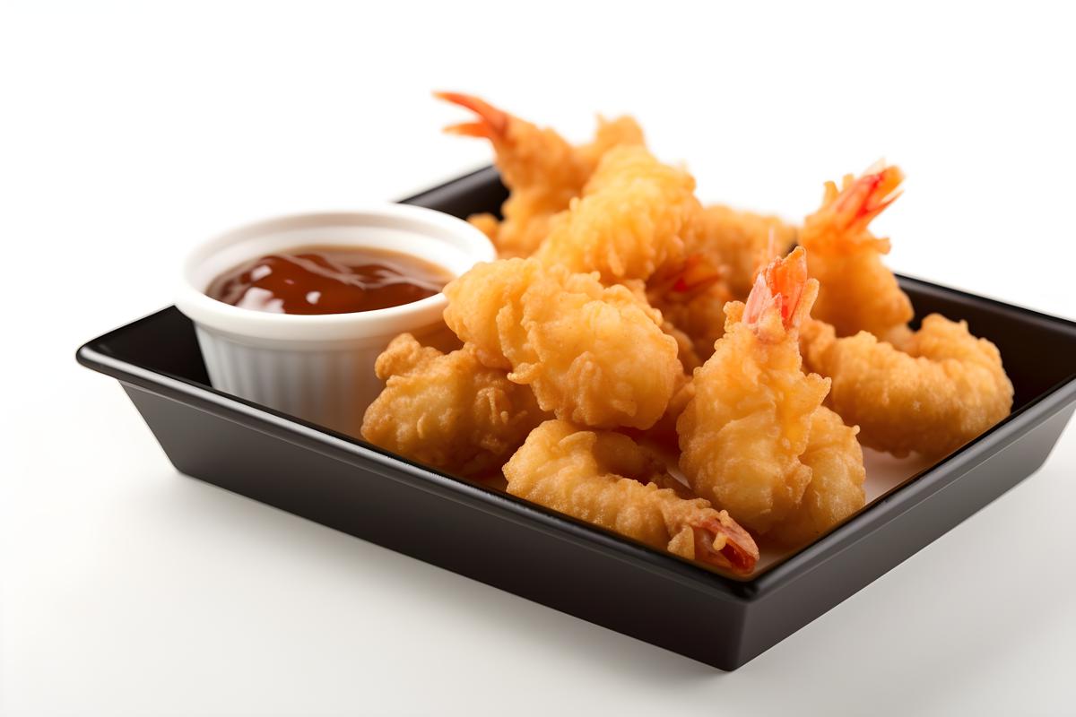 A tray of crispy tempura shrimp with dipping sauce., close-up, white background, realism, hd, 35mm photograph, sharp, sharpened, 8k picture