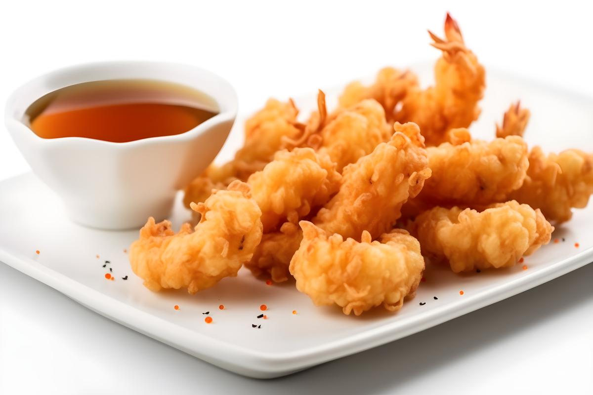 A tray of crispy tempura shrimp with dipping sauce., close-up, white background, realism, hd, 35mm photograph, sharp, sharpened, 8k picture