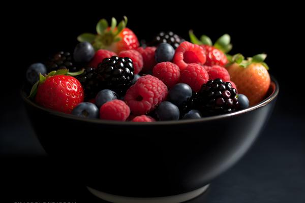 A bowl of colorful fresh berries on a white background, macro close-up, black background, realism, hd, 35mm photograph, sharp, sharpened, 8k