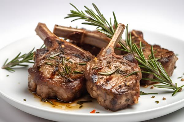 A plate of grilled lamb chops with rosemary and garlic, close-up, white background, realism, hd, 35mm photograph, sharp, sharpened, 8k