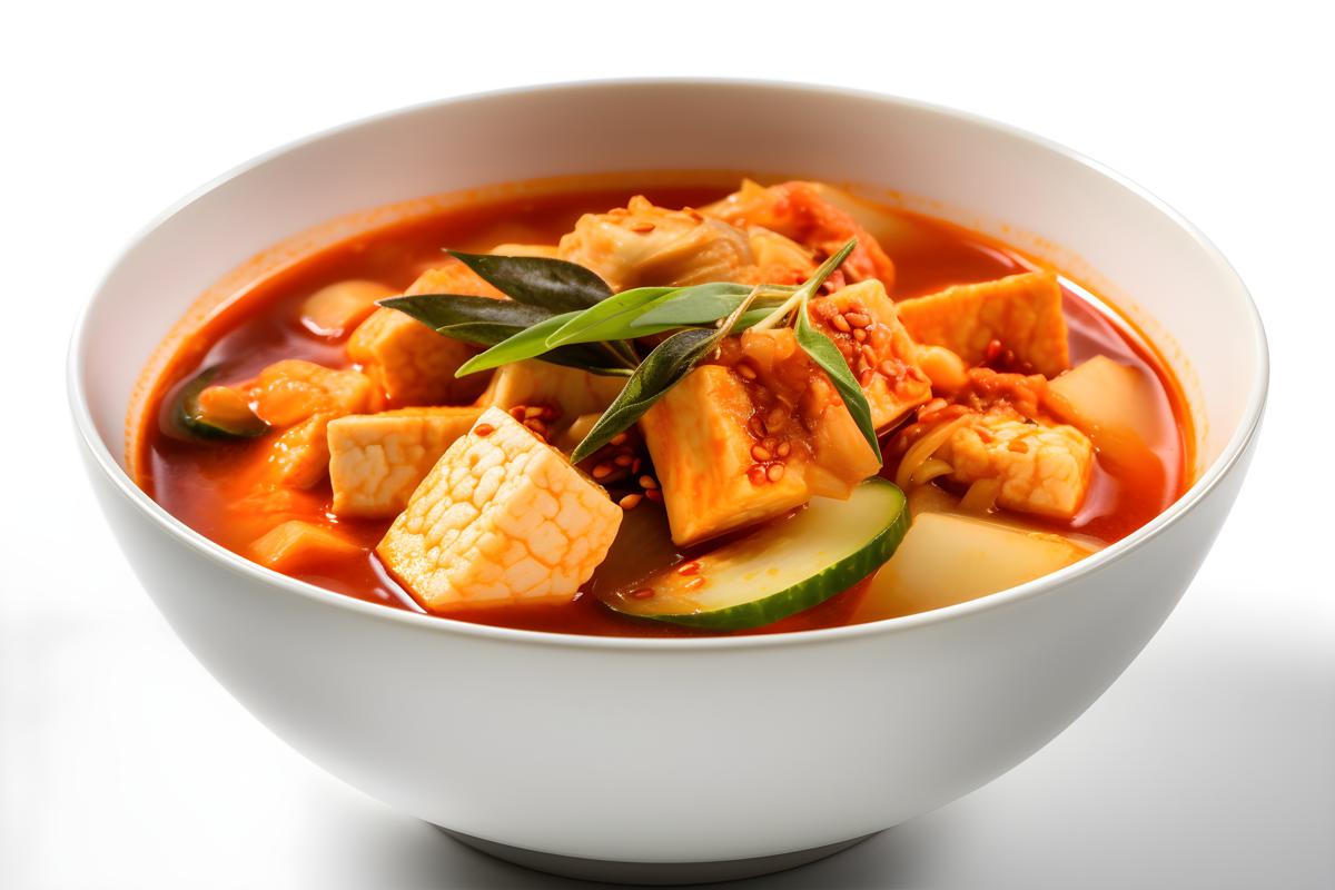 A bowl of spicy kimchi stew with tofu and vegetables, close-up, white background, realism, hd, 35mm photograph, sharp, sharpened, 8k picture