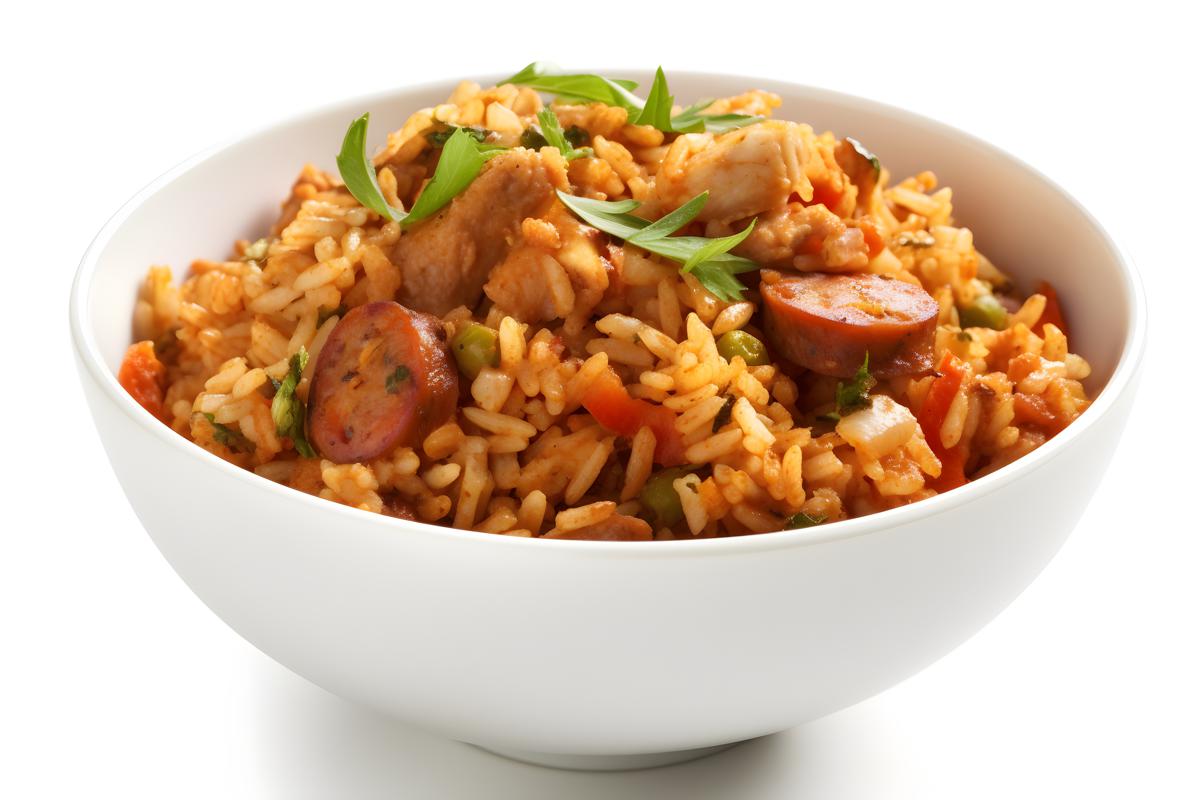 A bowl of spicy jambalaya with rice and sausage, close-up, white background, realism, hd, 35mm photograph, sharp, sharpened, 8k picture