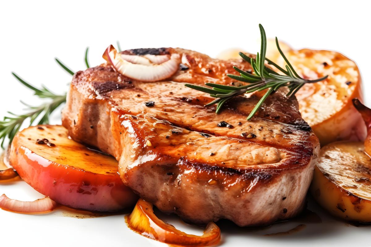 A plate of grilled pork chops with apples and onions, close-up, white background, realism, hd, 35mm photograph, sharp, sharpened, 8k picture