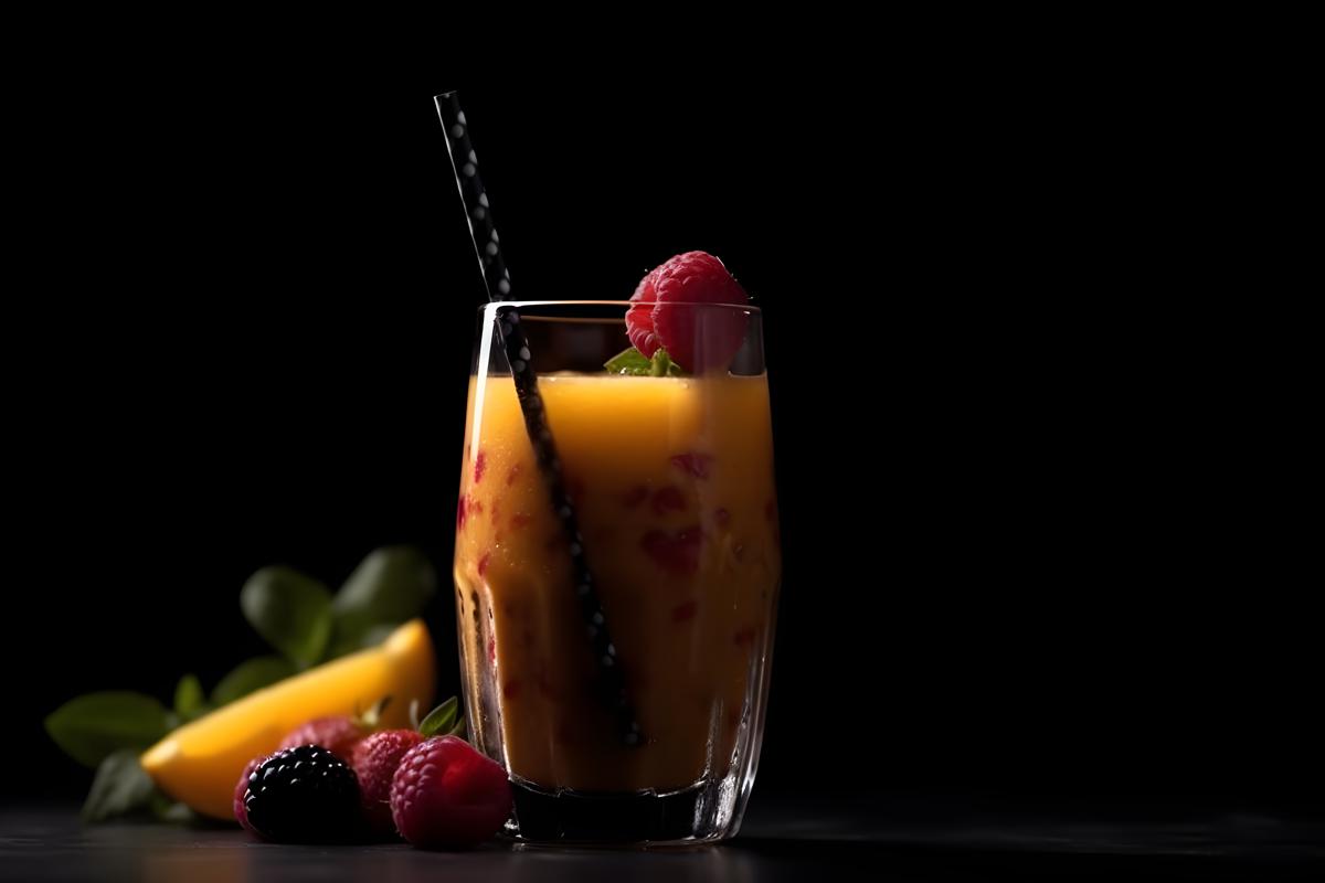 A refreshing fruit smoothie in a glass with a straw, macro close-up, black background, realism, hd, 35mm photograph, sharp, sharpened, 8k picture