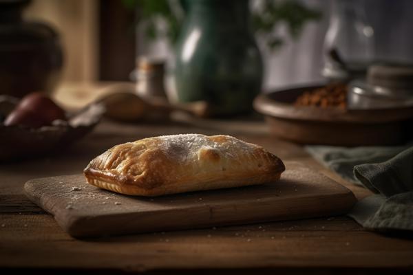a piece of empanada argentina, sitting on a rustic style table realistic, realism, hd, 35mm photograph, sharp, sharpened, 8k