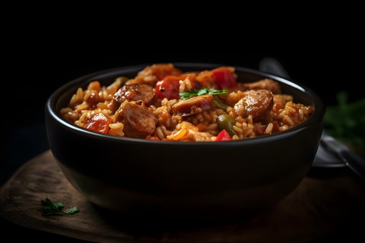 A bowl of spicy jambalaya with rice and sausage, macro close-up, black background, realism, hd, 35mm photograph, sharp, sharpened, 8k picture