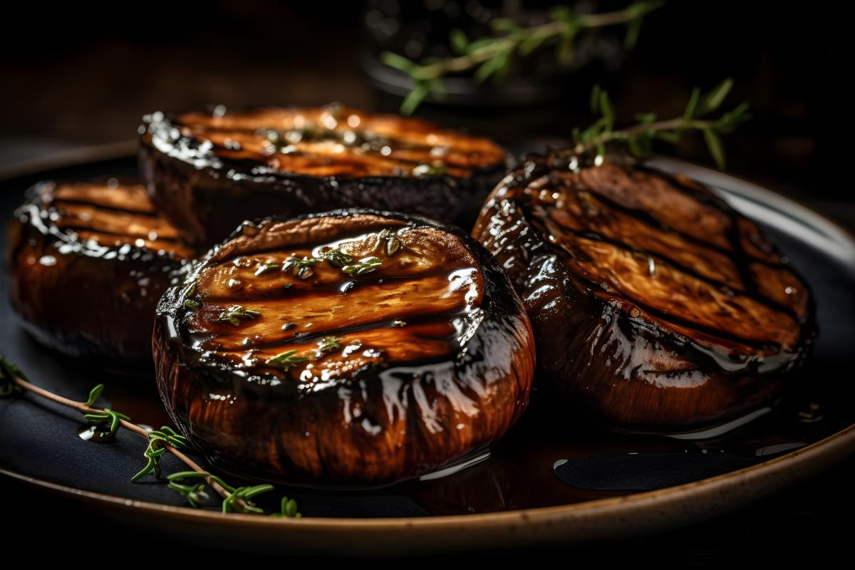 A plate of grilled portobello mushrooms with balsamic glaze, macro close-up, black background, realism, hd, 35mm photograph, sharp, sharpened, 8k picture