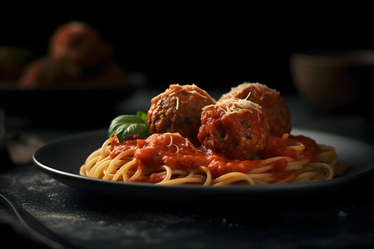 A plate of spaghetti and meatballs with tomato sauce, macro close-up, black background, realism, hd, 35mm photograph, sharp, sharpened, 8k picture