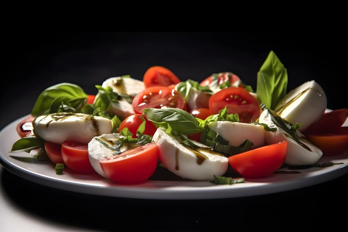 A platter of Italian-style caprese salad with tomatoes and mozzarella, close-up, white background, realism, hd, 35mm photograph, sharp, sharpened, 8k picture
