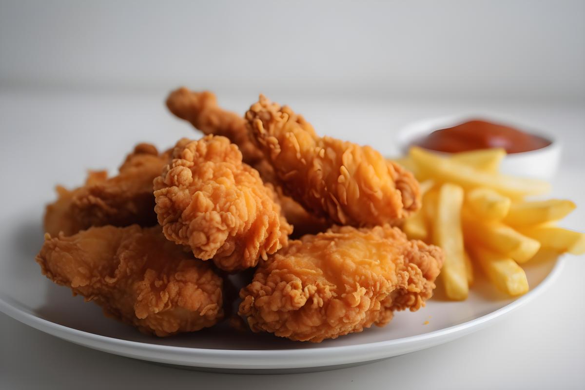 A plate of crispy fried chicken with french fries, close-up, white background, realism, hd, 35mm photograph, sharp, sharpened, 8k picture